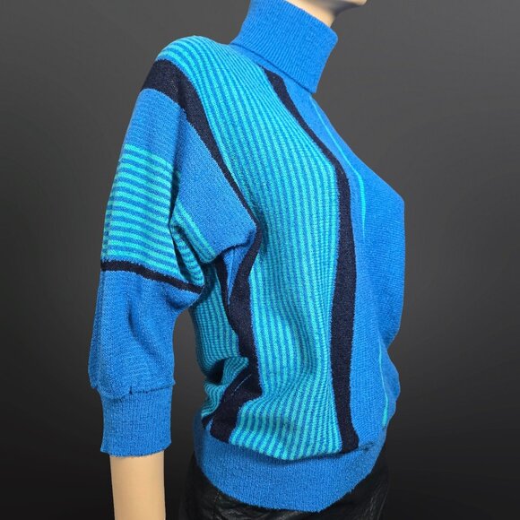 Vintage 80s Blue Striped Sweater Size M Dolman Sleeve Turtleneck New Wave - Picture 6 of 10